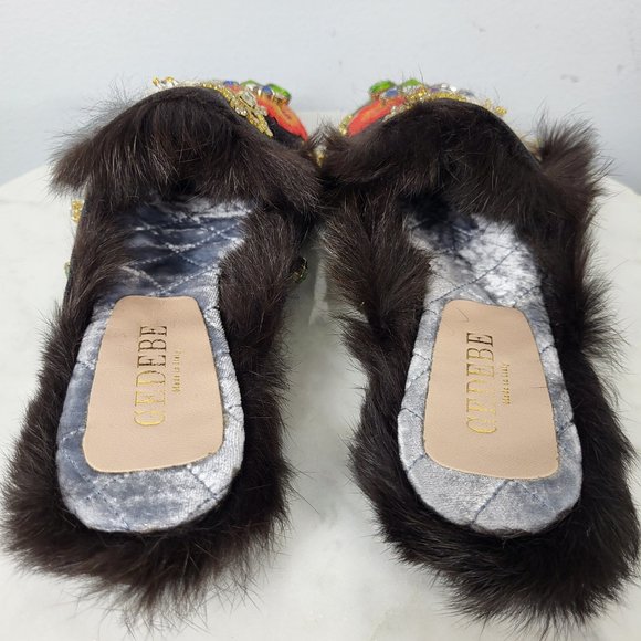 NWB~$695~GEDEBE~35/5~BLACK EMBELLISHED RHINESTONE REAL FUR FLATS MULES SHOES - Picture 14 of 16